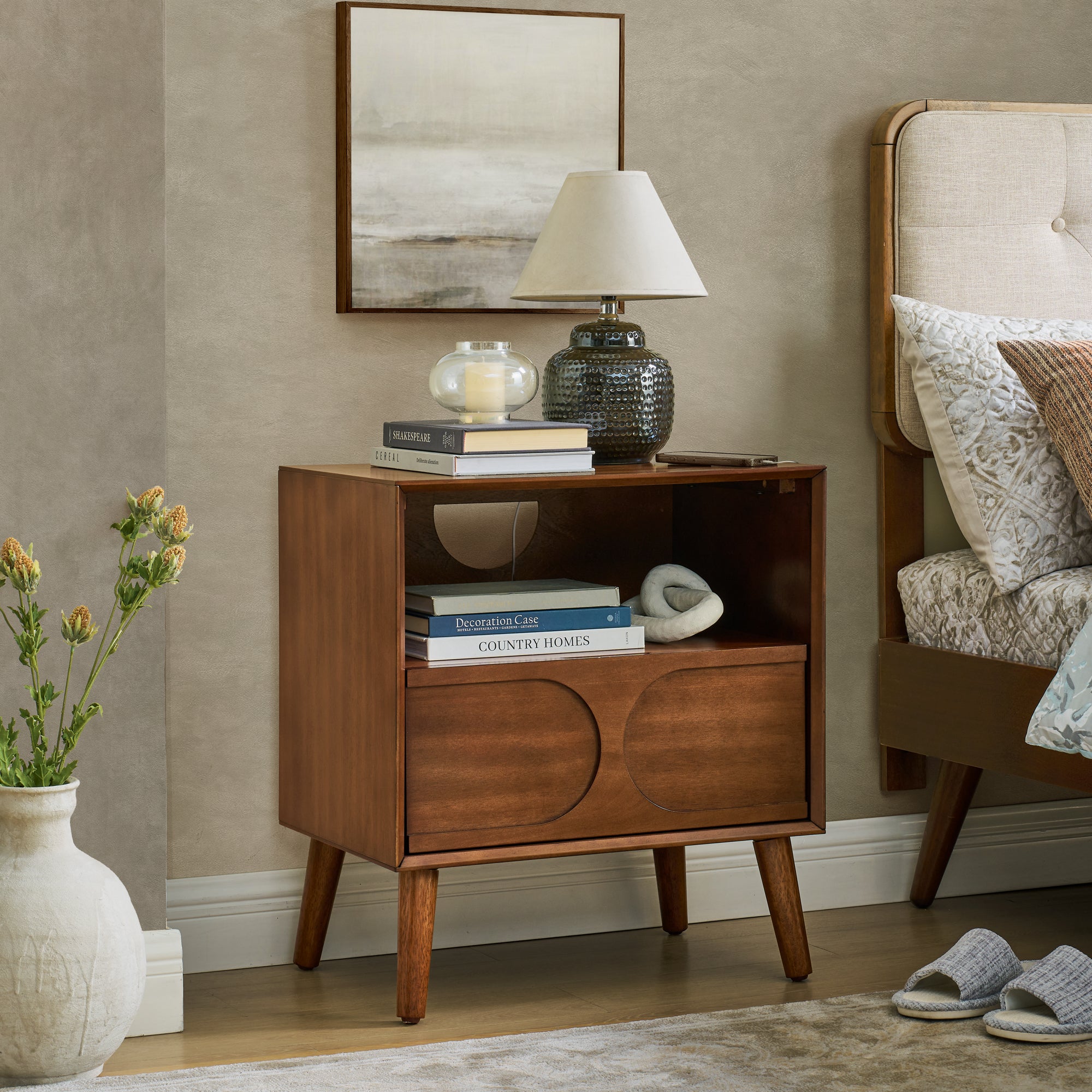 Mid Century Modern Fluted Nightstand with Charging Station USB Ports & Outlet Hole & 4 Solid Wood Legs, Farmhouse End Table with Open Space and Drawer Dresser, Walnut - Grand Goldman Shop