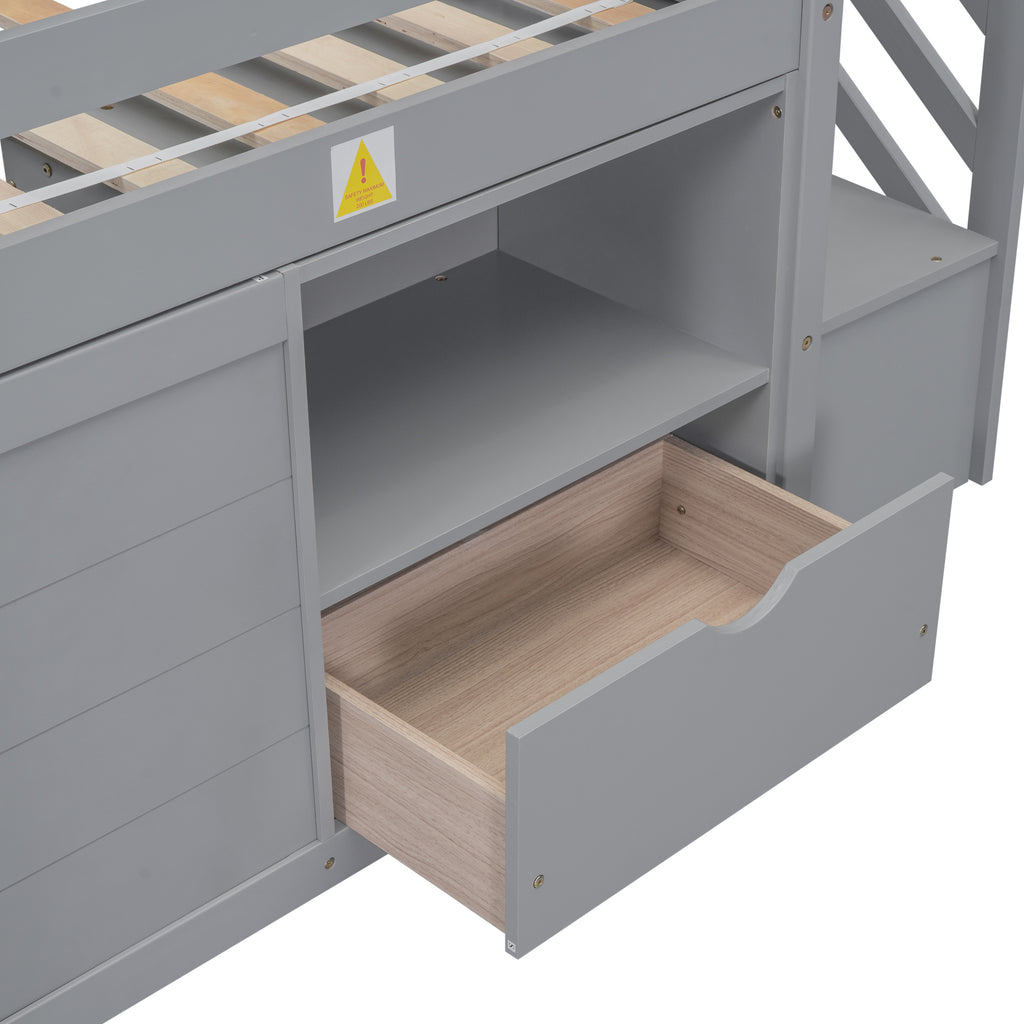 Solid Pine Wood Twin Low Loft Bed with Stair, Drawer, and Shelf in Grey Finish - Grand Goldman Shop