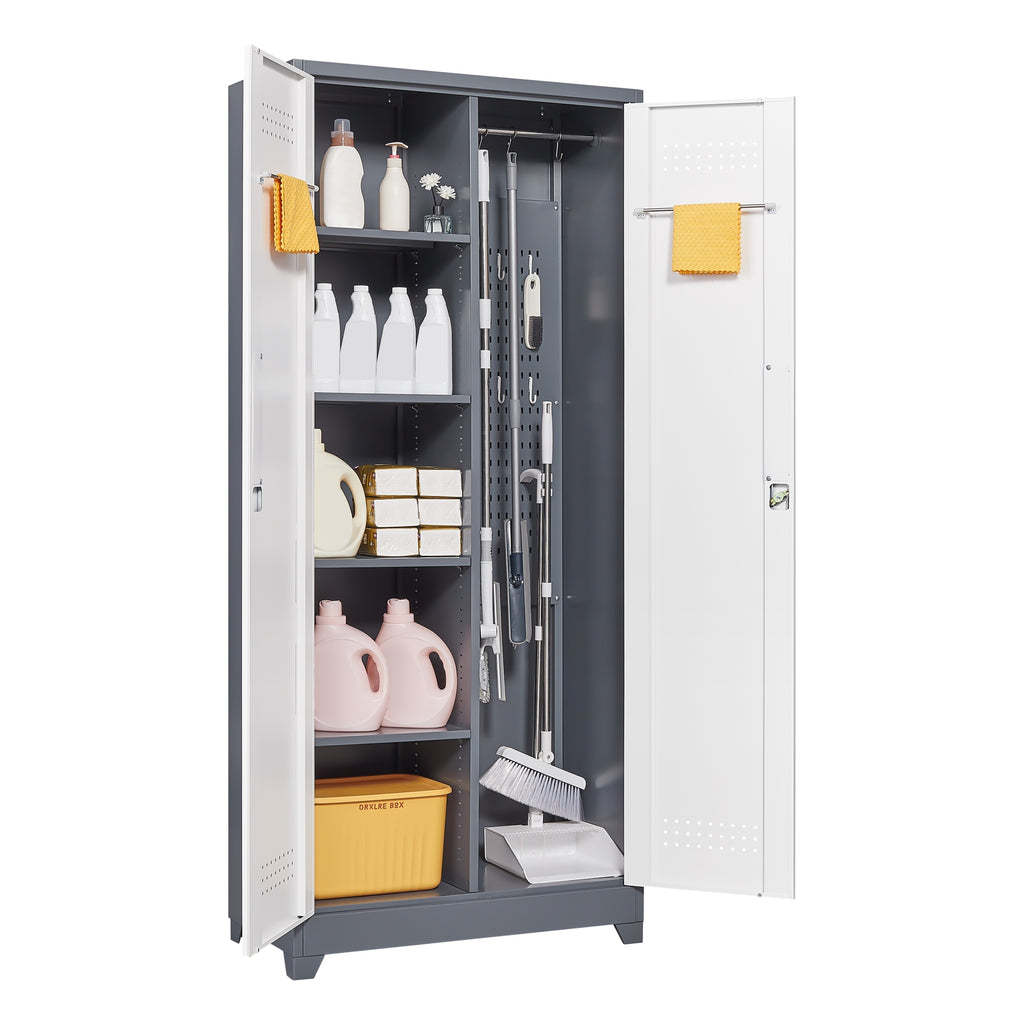 Gray Metal Lockers with Locking Doors, Adjustable Shelves, High Broom Tool Storage Cabinet, 72-Inch Kitchen, Office, Shop Org
