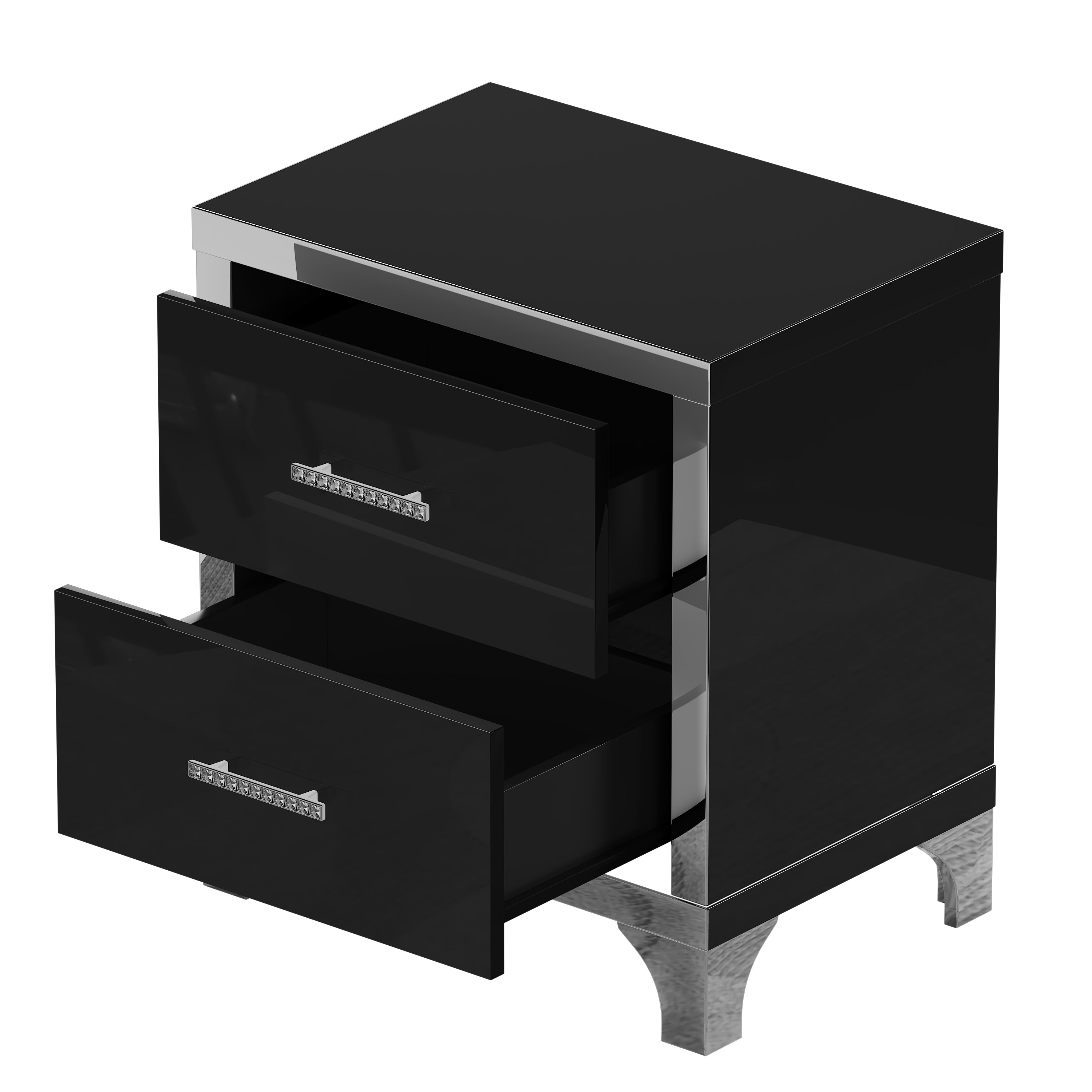 High Gloss Mirrored Nightstand with 2 Drawers,Modern End Table with Drawers,Mirrored High Gloss Wood Nightstand Metal Handle Bedside End Table for Bedroom, Dorm,Living Room,Black - Grand Goldman Shop