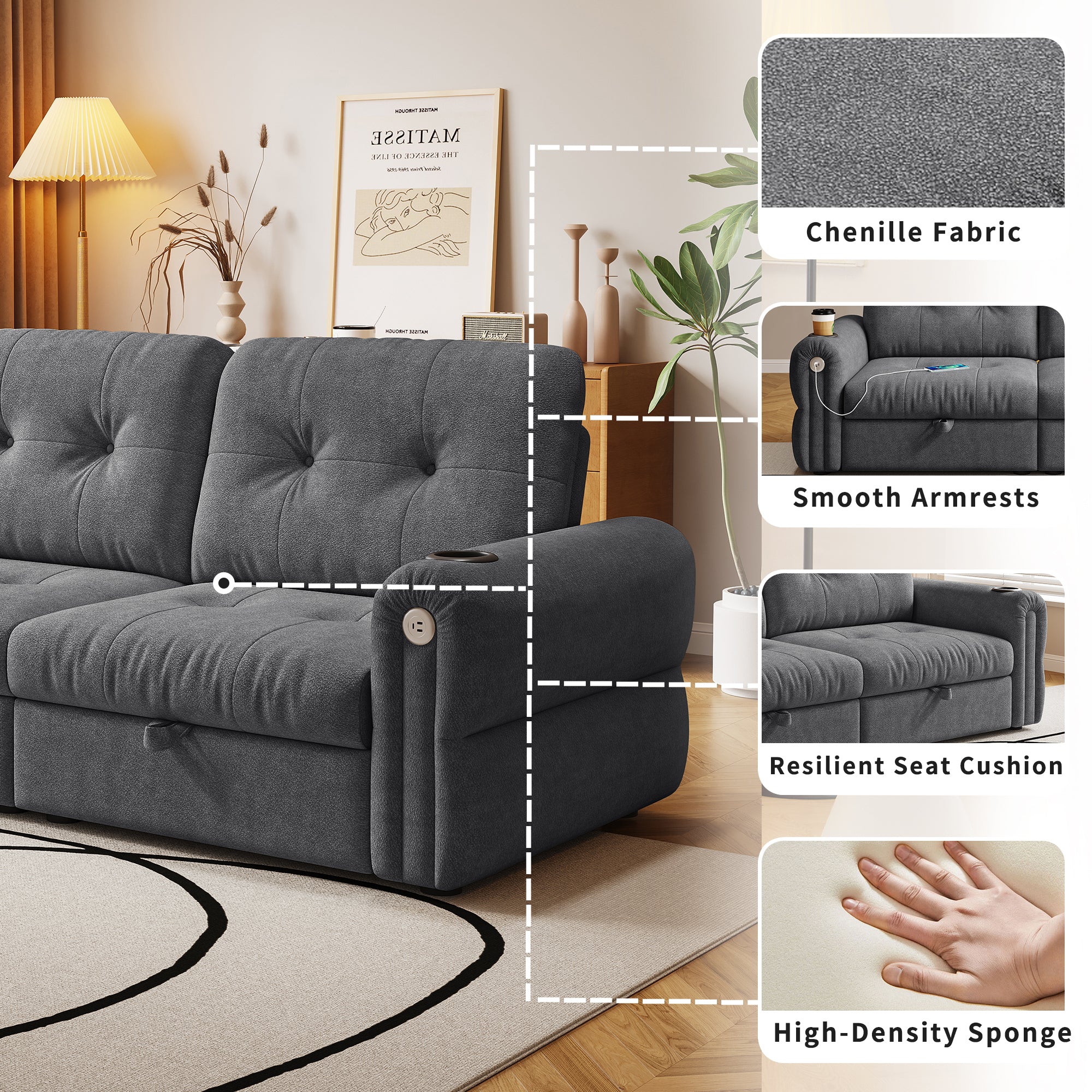 It is a multi-functional sofa, a 77-inch convertible sofa bed, and a 2-in-1 piece suitable for both sitting and lying down. Made of  Chenille fabric, it is suitable for living rooms, bedrooms - Grand Goldman Shop