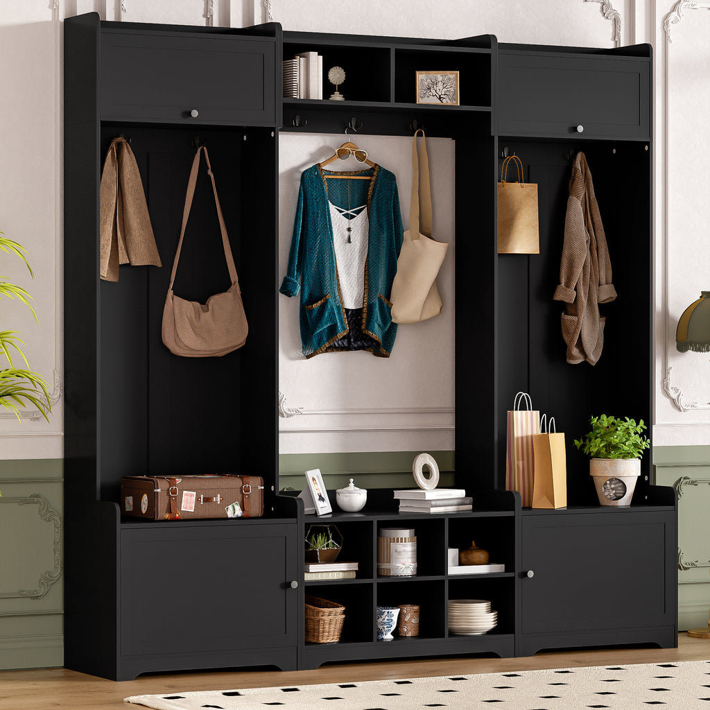 VIBE HAUS 79.1''Wide Modern Hall Tree with Shoe Storage, 4-in-1 Entryway Bench with 8 Cubbies, 7 Coat Hooks & Adjustable Shelf for Hallway, living room, Black - Grand Goldman Shop