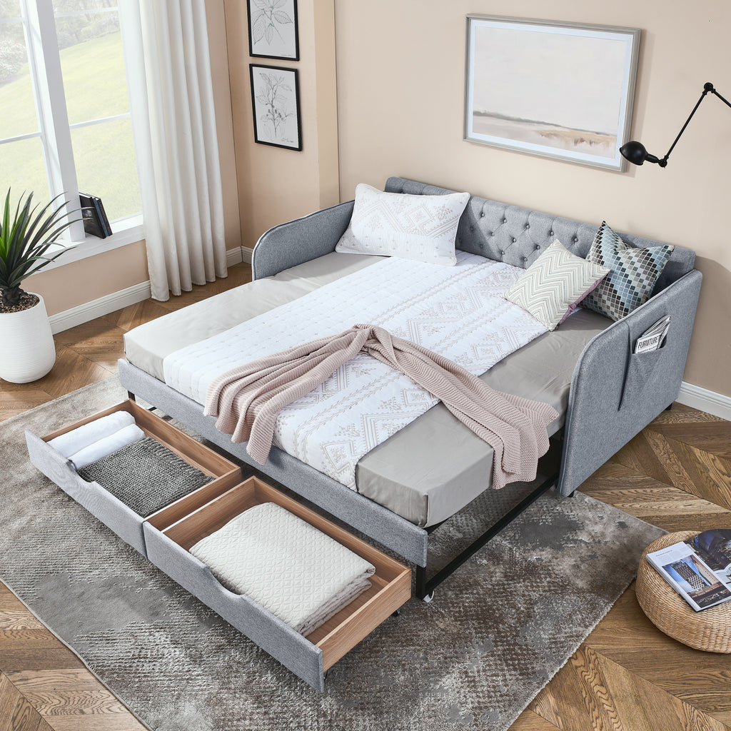 Linen Grey Mid-Century Style Twin Daybed with Trundle and Storage Drawers, Flat Arms with Pocket, Extendable for Bedroom or Living Room - Grand Goldman Shop