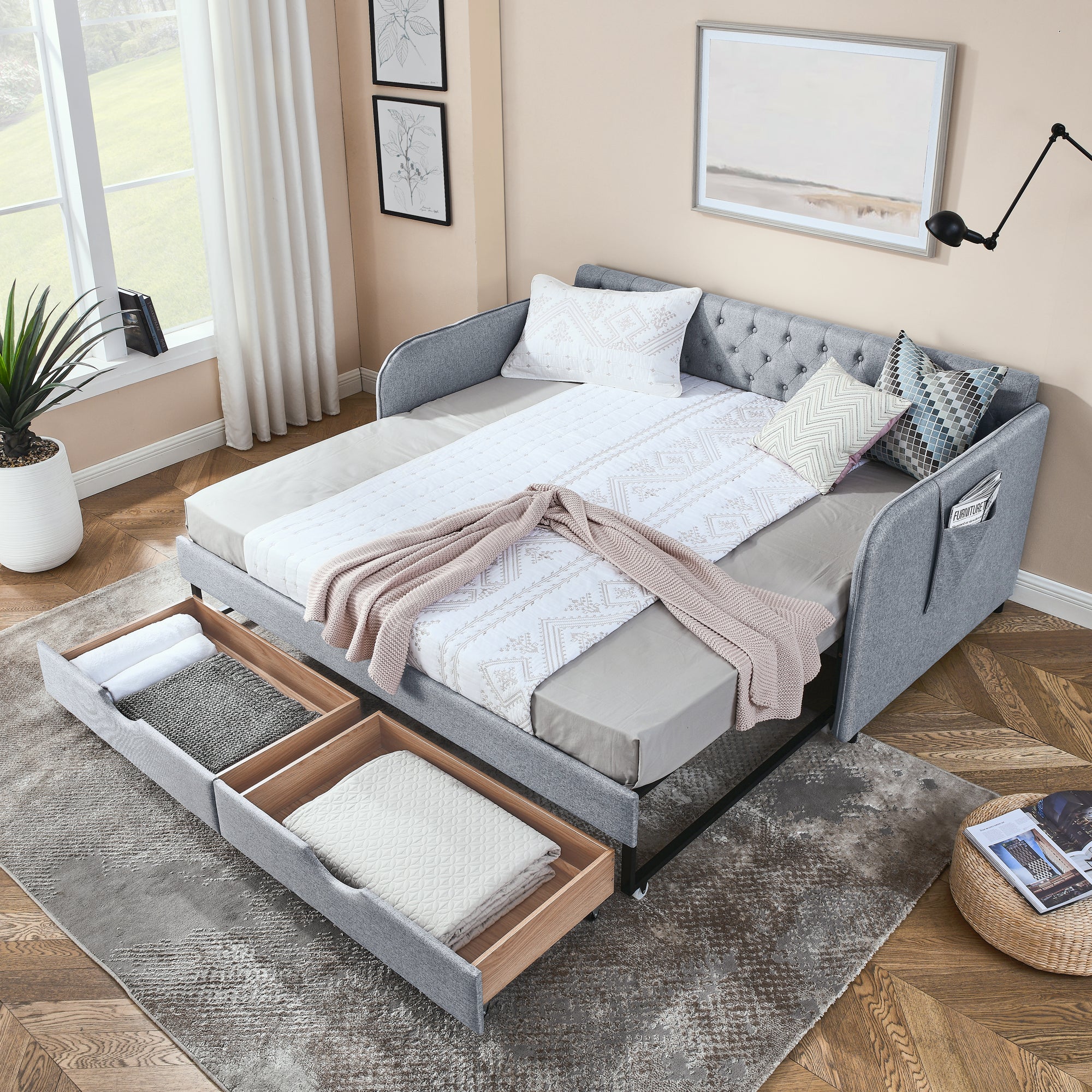 Linen Grey Mid-Century Style Twin Daybed with Trundle and Storage Drawers, Flat Arms with Pocket, Extendable for Bedroom or Living Room - Grand Goldman Shop