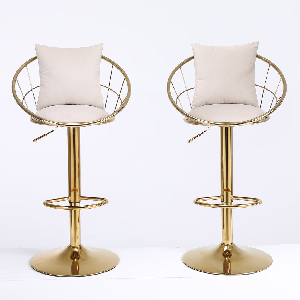 Off-White Velvet Bar Chair, Pure Gold Plated, Unique Design, 360-Degree Rotation, Adjustable Height, Suitable for Dining Room and Bar, Set of 2 - Grand Goldman Shop
