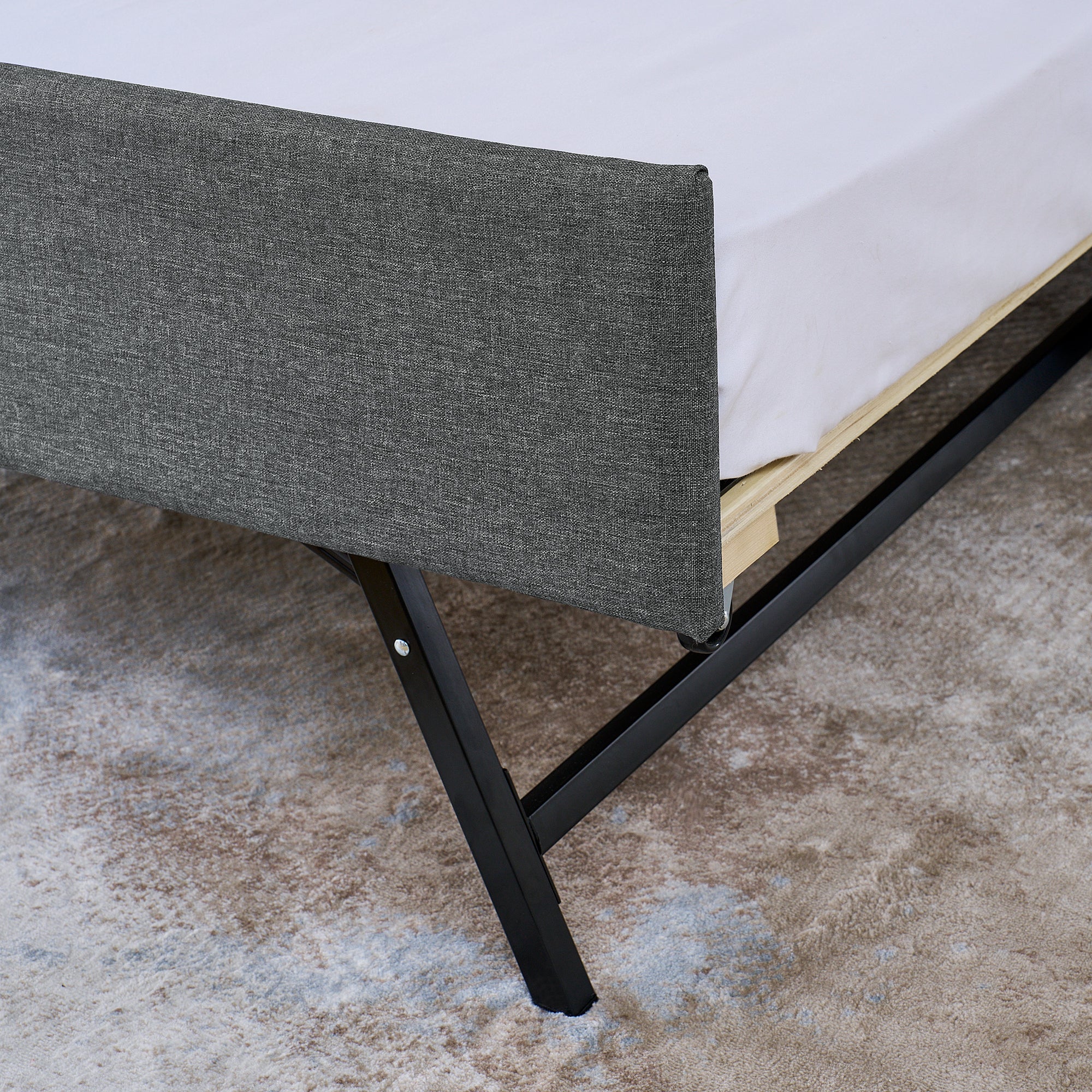 Grey Linen Upholstered Twin Sofa Bed with LED Lights, Storage Headboard, Foldable Trundle & Wireless Charging - Grand Goldman Shop