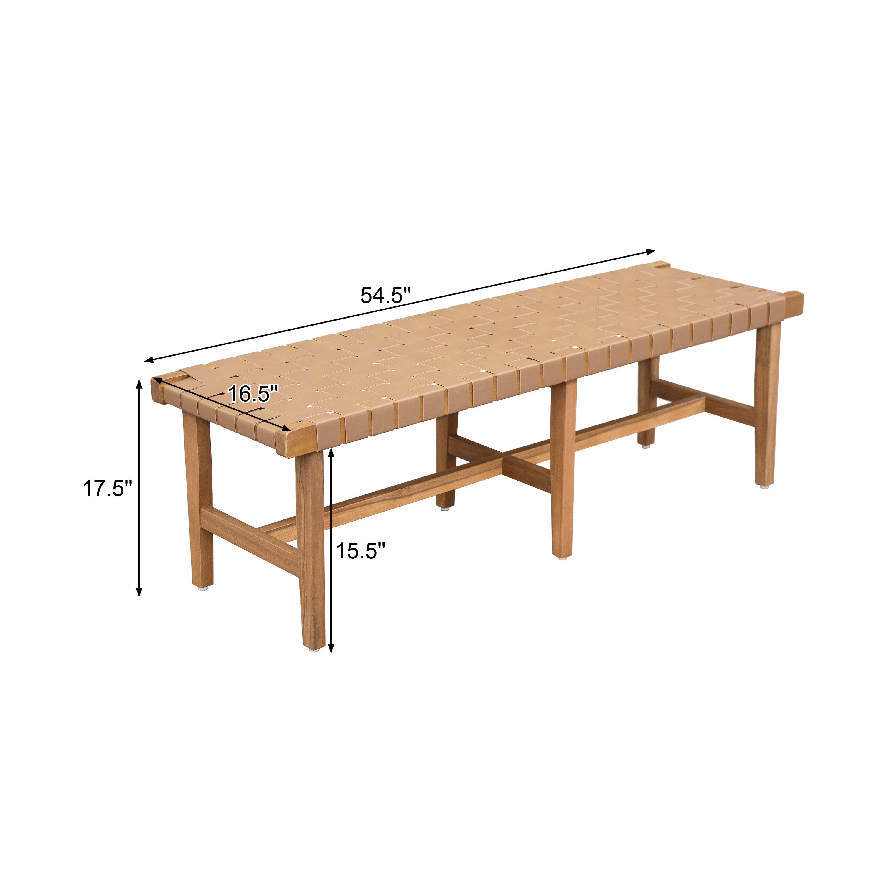 Stylish Acacia Wood Bedroom Bench with Woven PU Leather Seat in Warm Teak Tone, Natural Finish - Grand Goldman Shop