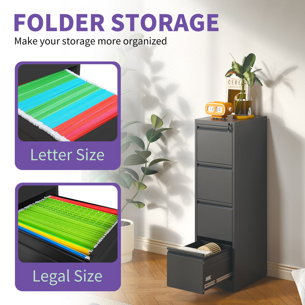 SteelCraft Pro 4 Drawer Metal Vertical File Cabinet with Lock for A4 Legal/Letter Size, Black Metal | Premium Home Decor - Gr