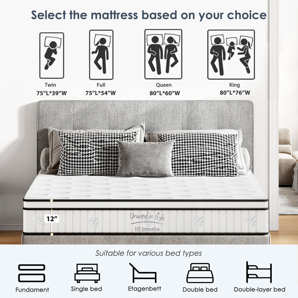 Queen Size Mattress,12 Inch Hybrid Mattress, Individually Pocketed Innerspring, Medium Firm - Grand Goldman Shop