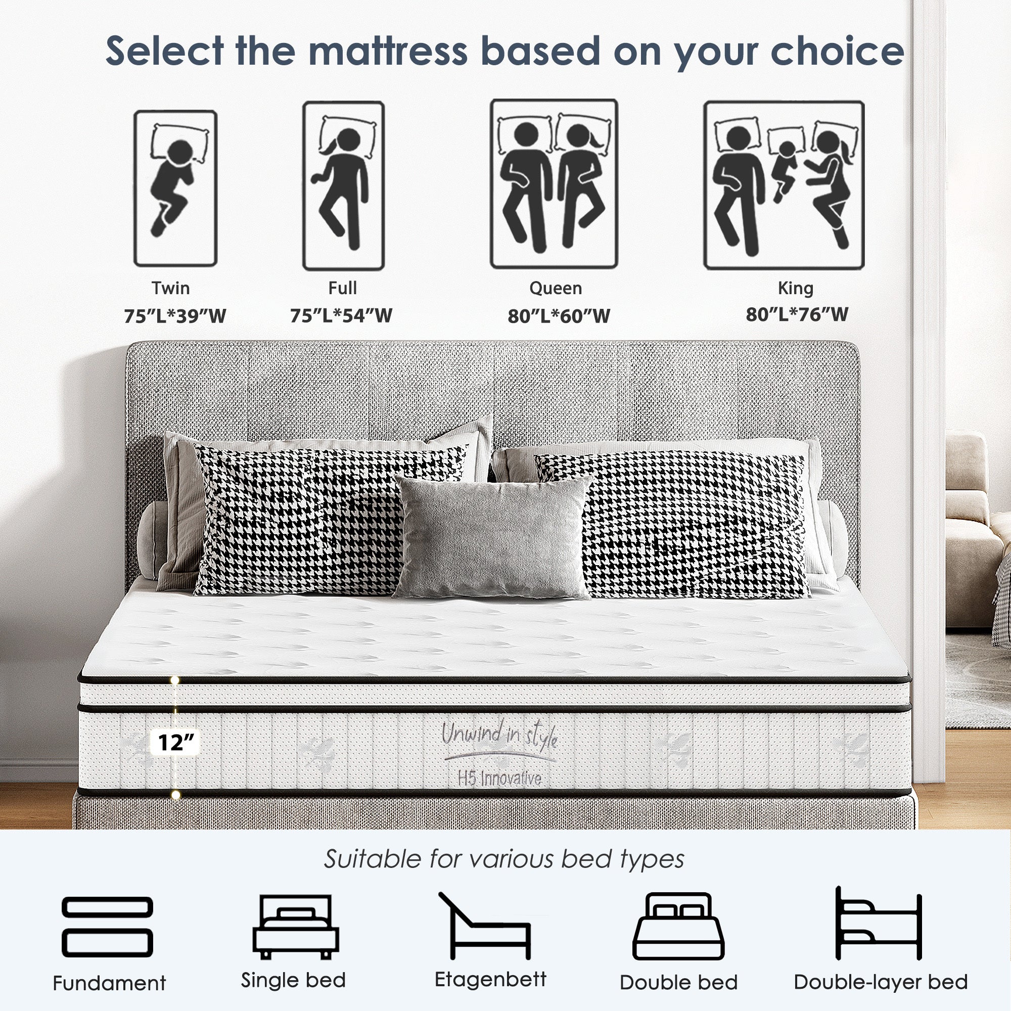 Queen Size Mattress,12 Inch Hybrid Mattress, Individually Pocketed Innerspring, Medium Firm - Grand Goldman Shop