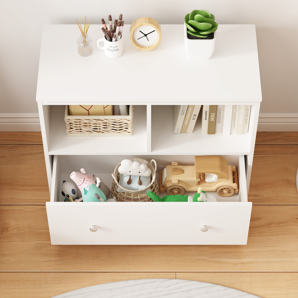 White Wooden Kids Toy Storage Organizer with Large Drawer and Low Bookshelf for Nursery & Playroom, Engineered Wood Cabinet f