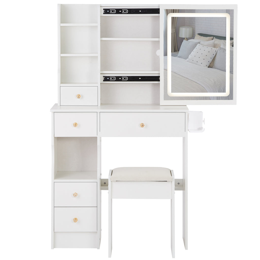 29.2' Small Size Left Drawer Desktop Vanity Table + Cushioned Stool, 2 AC+2 USB Power Station, Hair dryer bracket, Extra Large Touch Control Sliding LED Mirror, Tri-color Switching, Brightness Adjust - Grand Goldman Shop