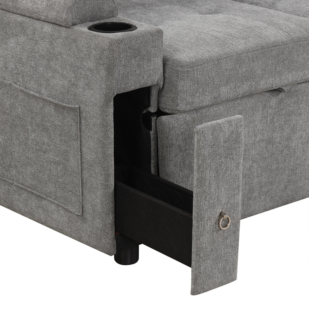 Modern L-shaped Convertible Sofa Bed with Storage, Cup Holders, USB Ports, Gray Chenille, 83.5' - Grand Goldman Shop