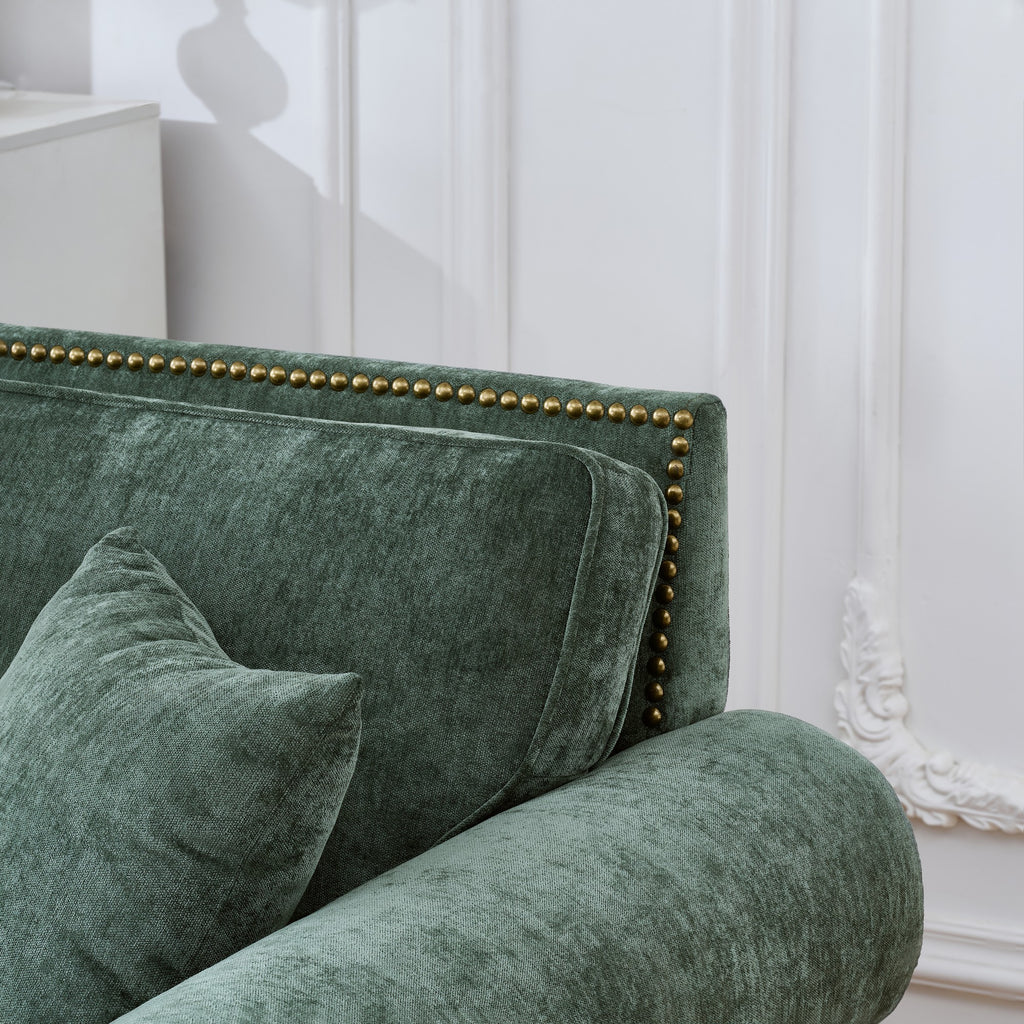Modern 2-Seater Sofa with Rolled Arms, Tufted Upholstery, Wood Legs, Nailhead Trim, Beige Fabric, 63' - Grand Goldman Shop