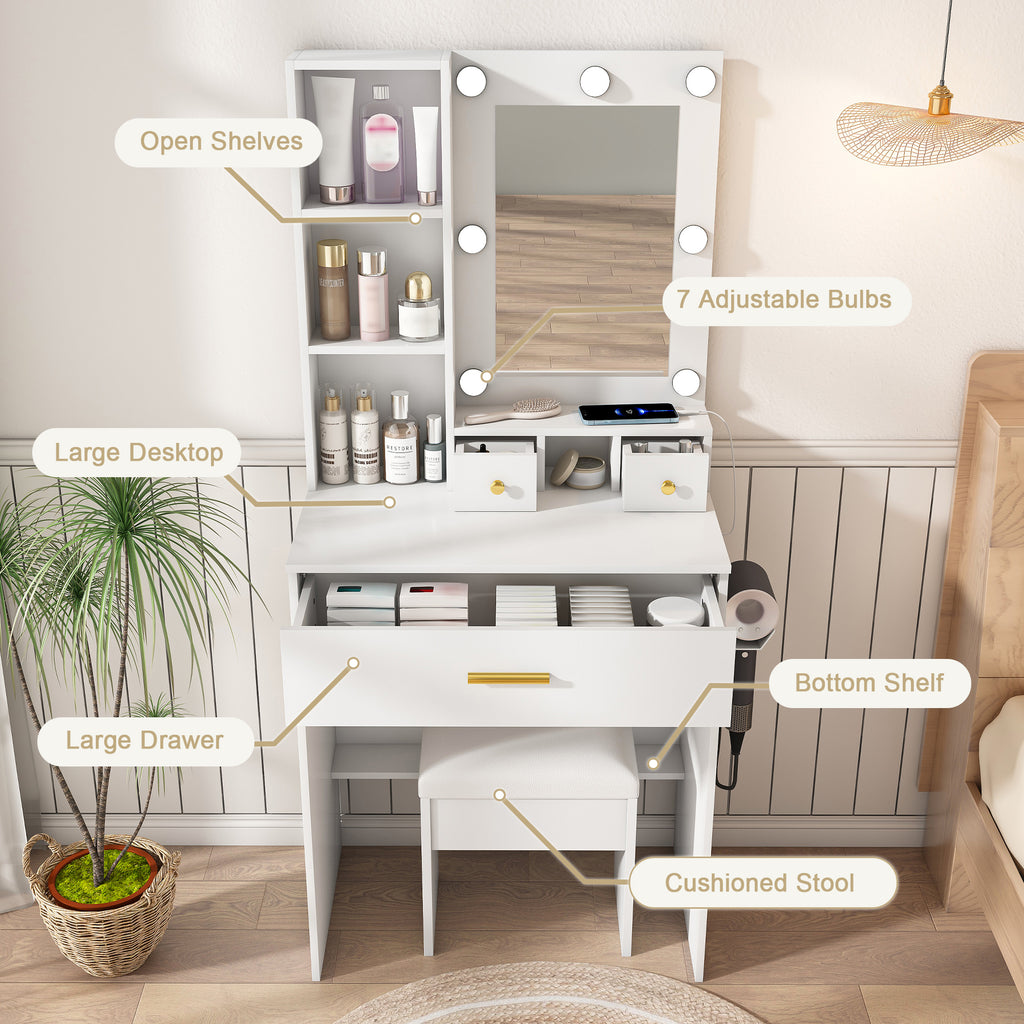White Vanity Table with Mirror, Adjustable LED Lights, Power Outlet, Hairdryer Holder & Stool – Compact Dressing Desk for Small Bedrooms - Grand Goldman Shop