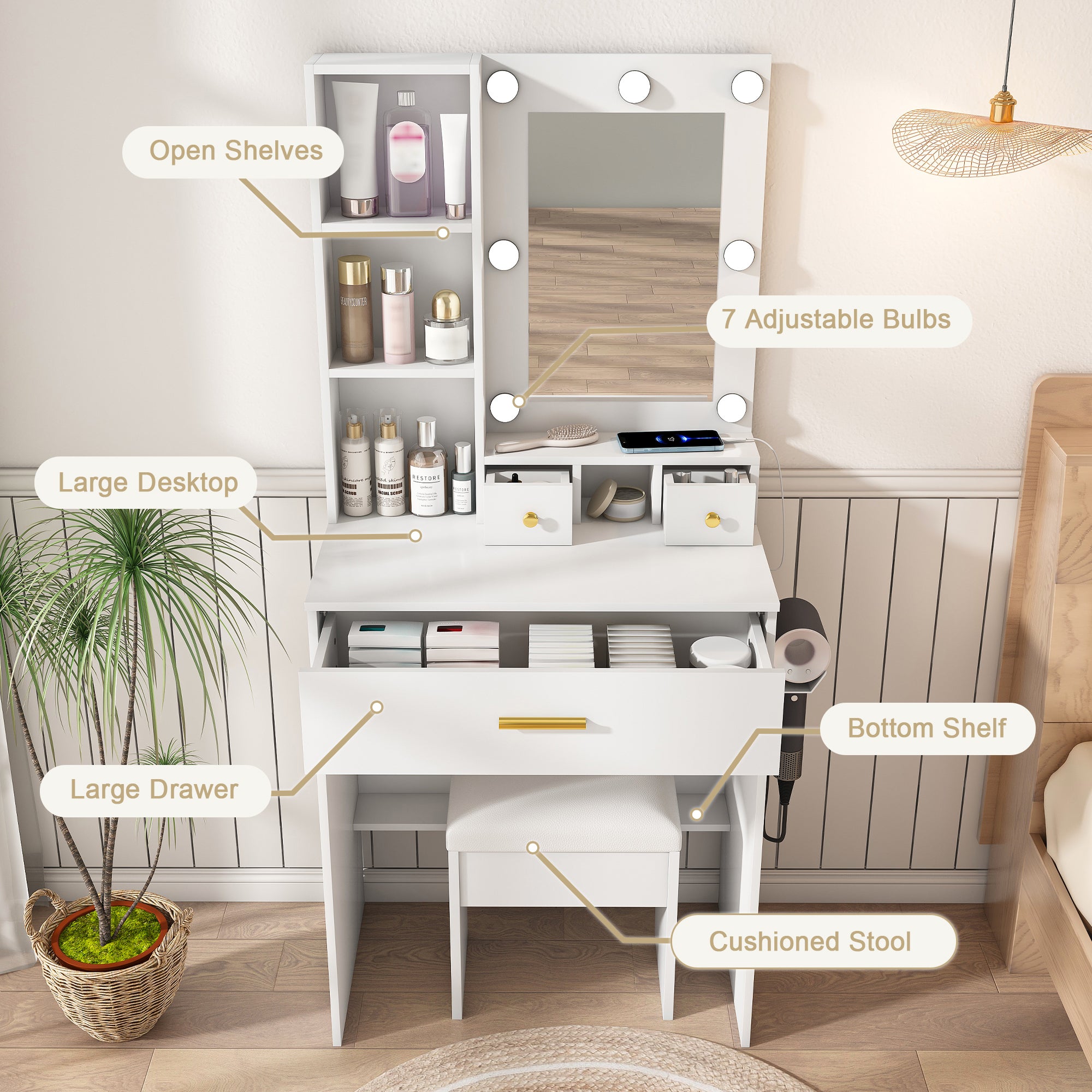 White Vanity Table with Mirror, Adjustable LED Lights, Power Outlet, Hairdryer Holder & Stool – Compact Dressing Desk for Small Bedrooms - Grand Goldman Shop