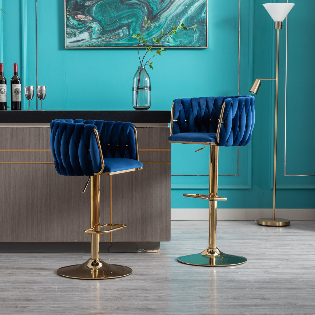 Set of 2  Bar Stools,with Chrome Footrest and Base Swivel Height Adjustable Mechanical Lifting Velvet + Golden Leg Simple Bar Stool-Navy - Grand Goldman Shop