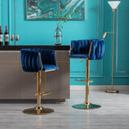 Set of 2  Bar Stools,with Chrome Footrest and Base Swivel Height Adjustable Mechanical Lifting Velvet + Golden Leg Simple Bar Stool-Navy - Grand Goldman Shop