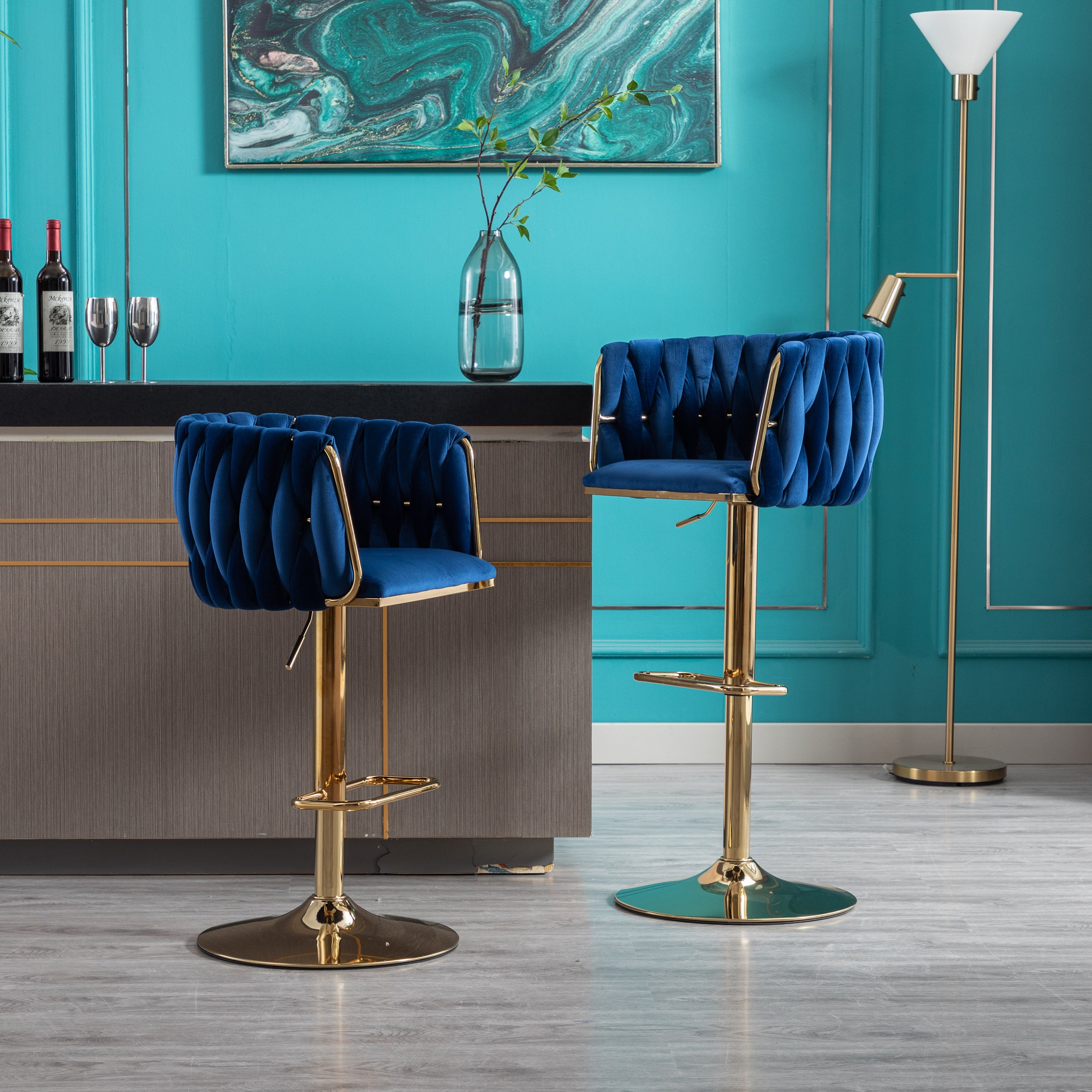 Set of 2  Bar Stools,with Chrome Footrest and Base Swivel Height Adjustable Mechanical Lifting Velvet + Golden Leg Simple Bar Stool-Navy - Grand Goldman Shop