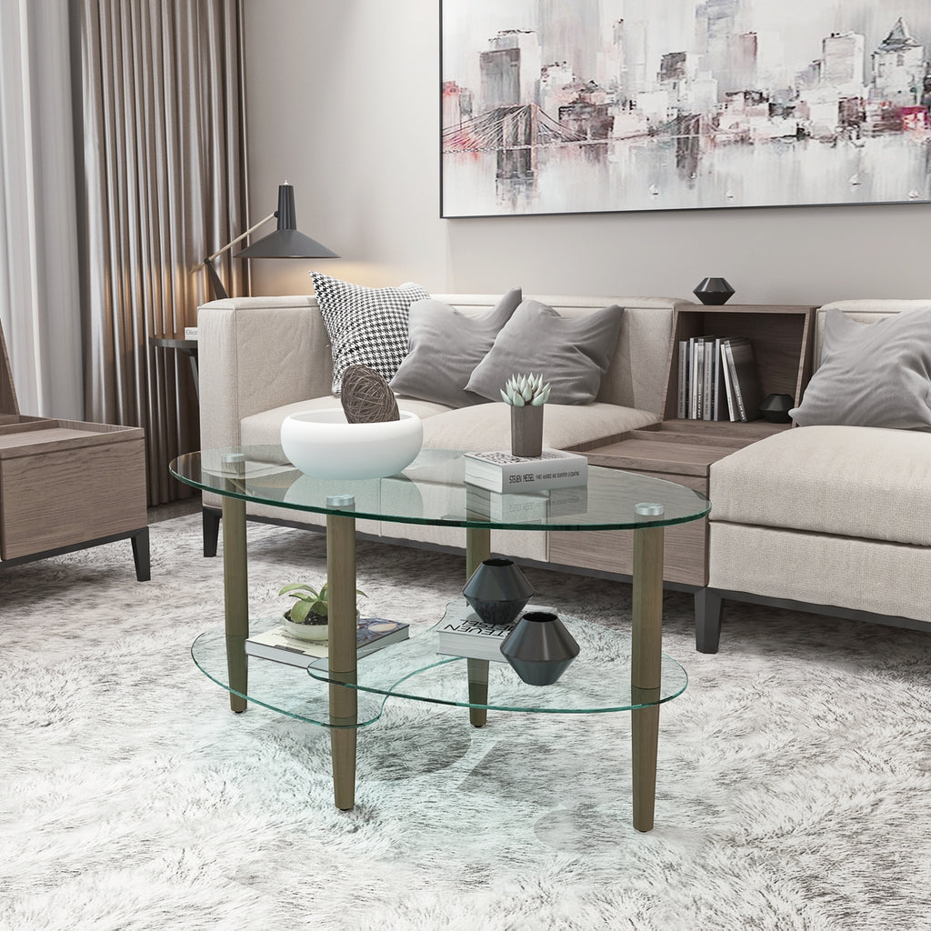 Modern Transparent Oval Glass Coffee Table with Oak Wood Legs, 3-Layer Design for Living Room - Grand Goldman Shop