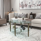 Modern Transparent Oval Glass Coffee Table with Oak Wood Legs, 3-Layer Design for Living Room - Grand Goldman Shop