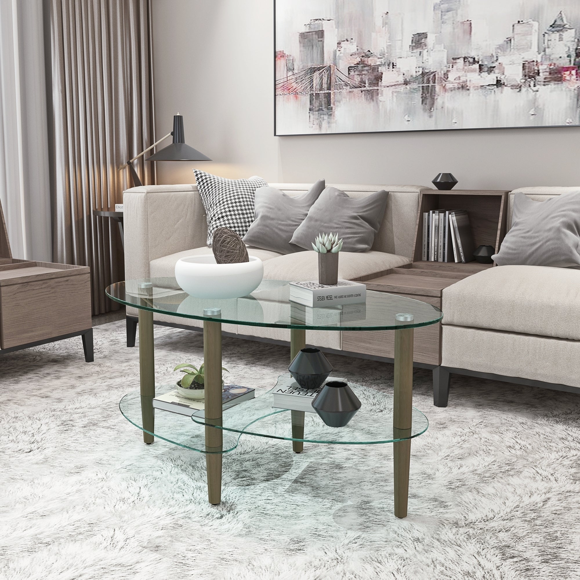 Modern Transparent Oval Glass Coffee Table with Oak Wood Legs, 3-Layer Design for Living Room - Grand Goldman Shop