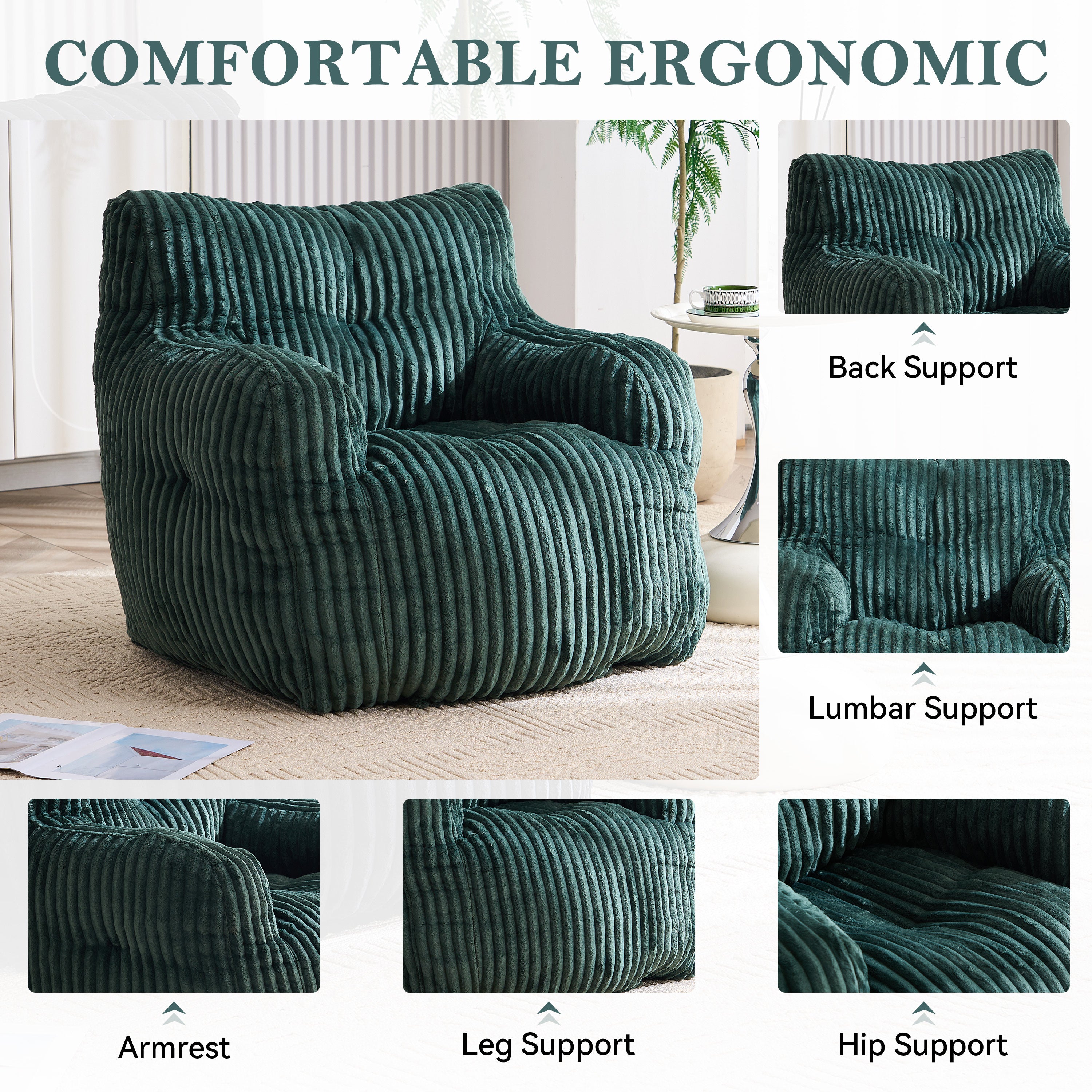 010-Soft Fluffy Corduroy Fabric Bean Bag Chair Filled With Memory Sponge,Green - Grand Goldman Shop