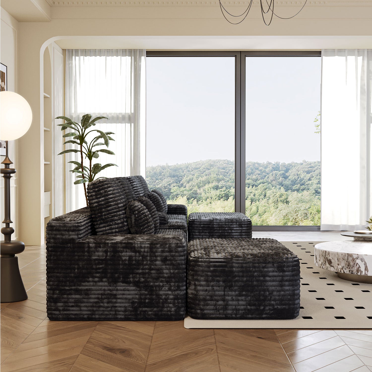 150''Width 5-piece Sectional Sofa with 2 Ottomans,Comfy U-shaped Sofa Couch for Living Room,BLACK Plush Corduroy Fabric - Grand Goldman Shop