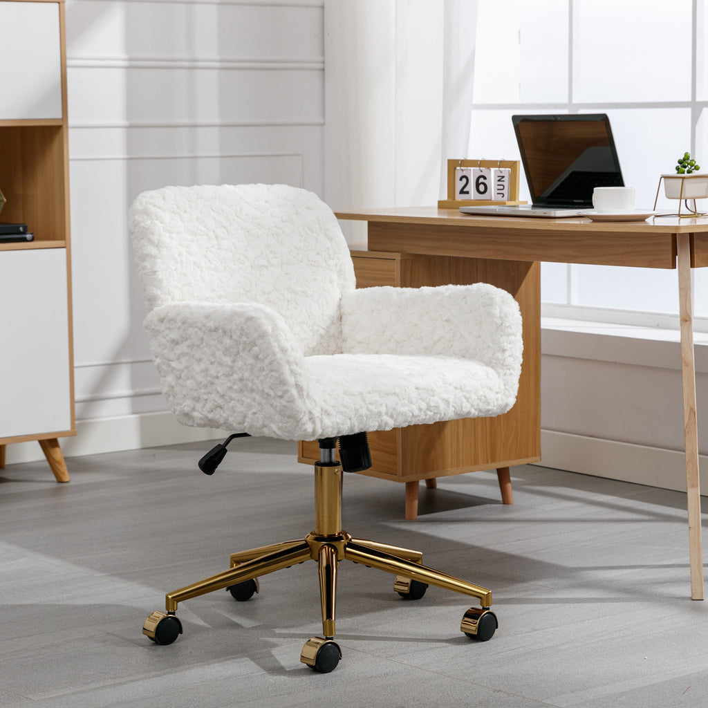 A&A Furniture Artificial Rabbit Hair Office Chair with Golden Metal Base, Adjustable Swivel Vanity Chair, Beige Velvet - Shop