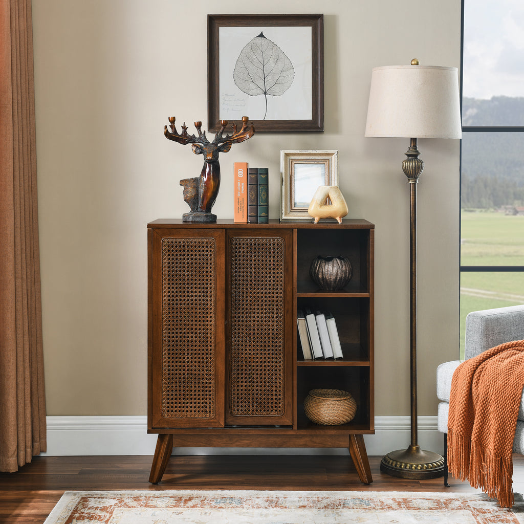 Mid Century Modern Rattan Sideboard Cabinet, Buffet Cabinet for Entryway Hallway Living Room Kitchen Dining Room, Adjustable Shelf & Solid Wood Feet & Rattan Cabinet Doors - Dark Wood - Grand Goldman Shop