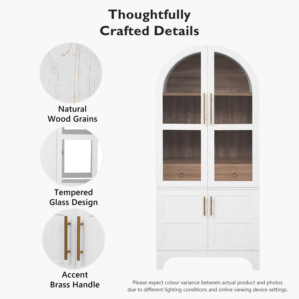 K&K 71' Tall Arched Kitchen Pantry Cabinet with Door Shelves, Farmhouse Kitchen Storage Cabinet with Open & Adjustable Shelves, Hidden Drawer & Glass Door, Cupboard for Kitchen, Dining Room, White - Grand Goldman Shop