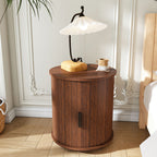 Mid Century Modern Cylinder End Table with Built-in Charging Station & Sliding Door, 2-Tier Storage Round Nightstand with USB Ports, Walnut Bedside Table for Living Room, Bedroom, Entryway - Grand Goldman Shop