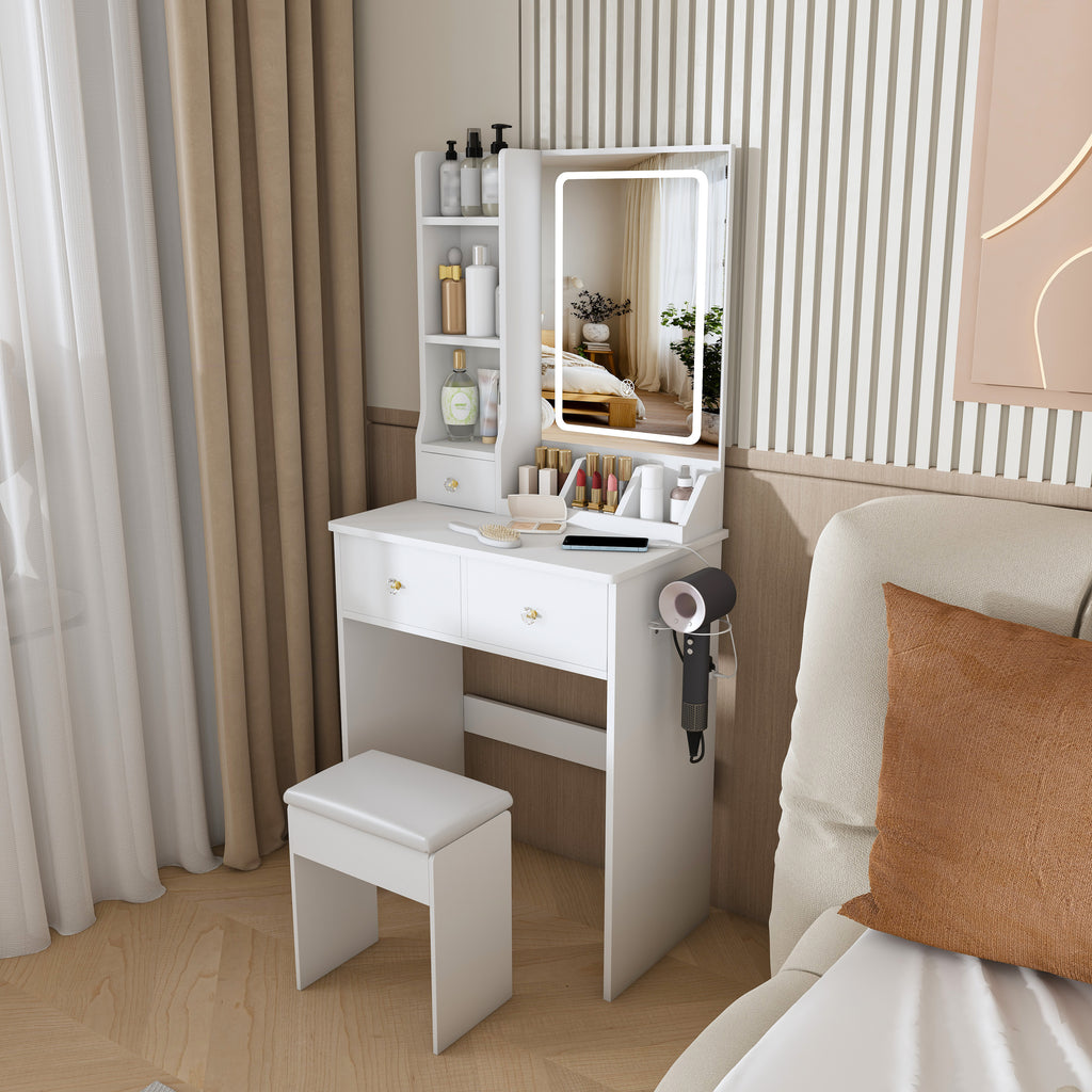 Modern White Vanity Desk with 3 LED Lighting Modes, 3 Drawers, Open Shelves, Hair Dryer Holder, and Dressing Chair - MDF Construction - Grand Goldman Shop