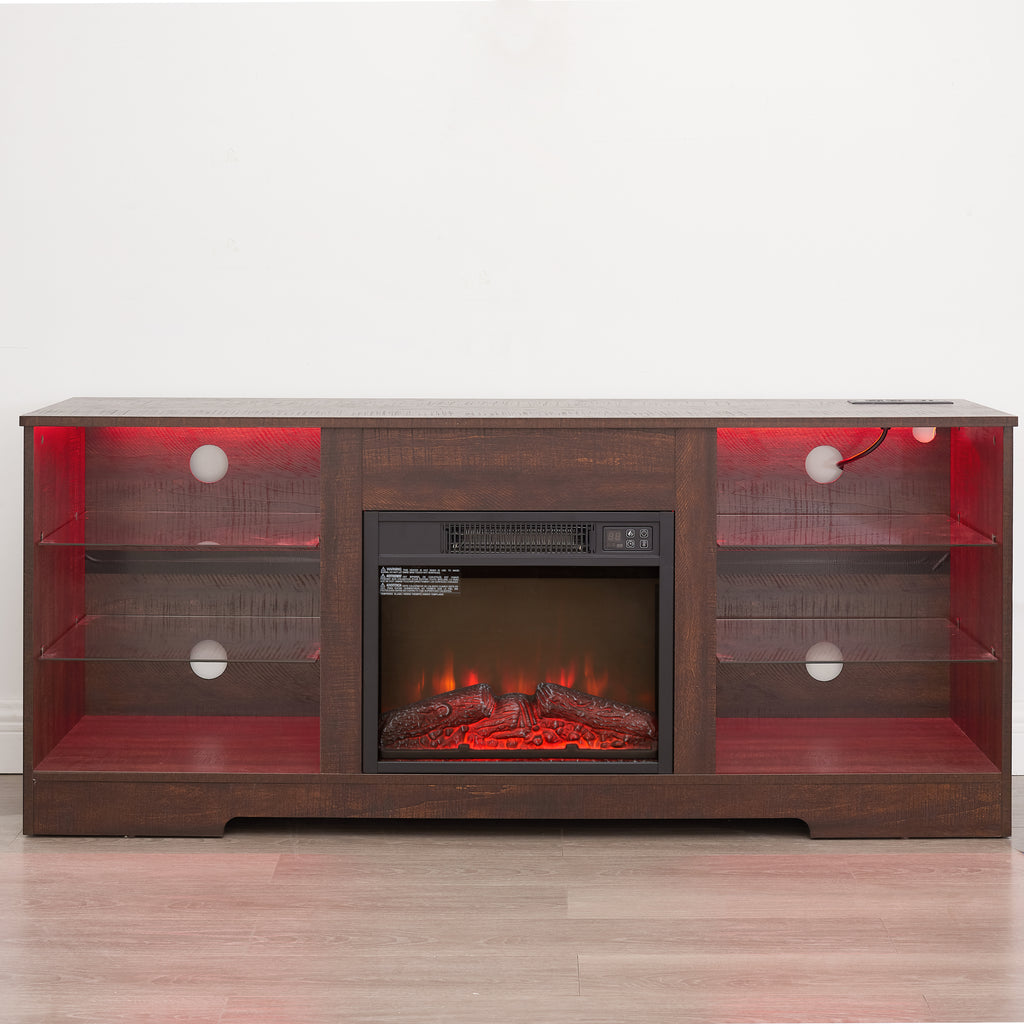TV Stand Electric Fireplace TV Stand with Glass Shelves, 3D Fireplace TV Stand with LED Lights Wood with USB Charging Outlet Modern Television Table Center for TV up to 32-62' ESP 58''W*15.4''D*24.6 - Grand Goldman Shop
