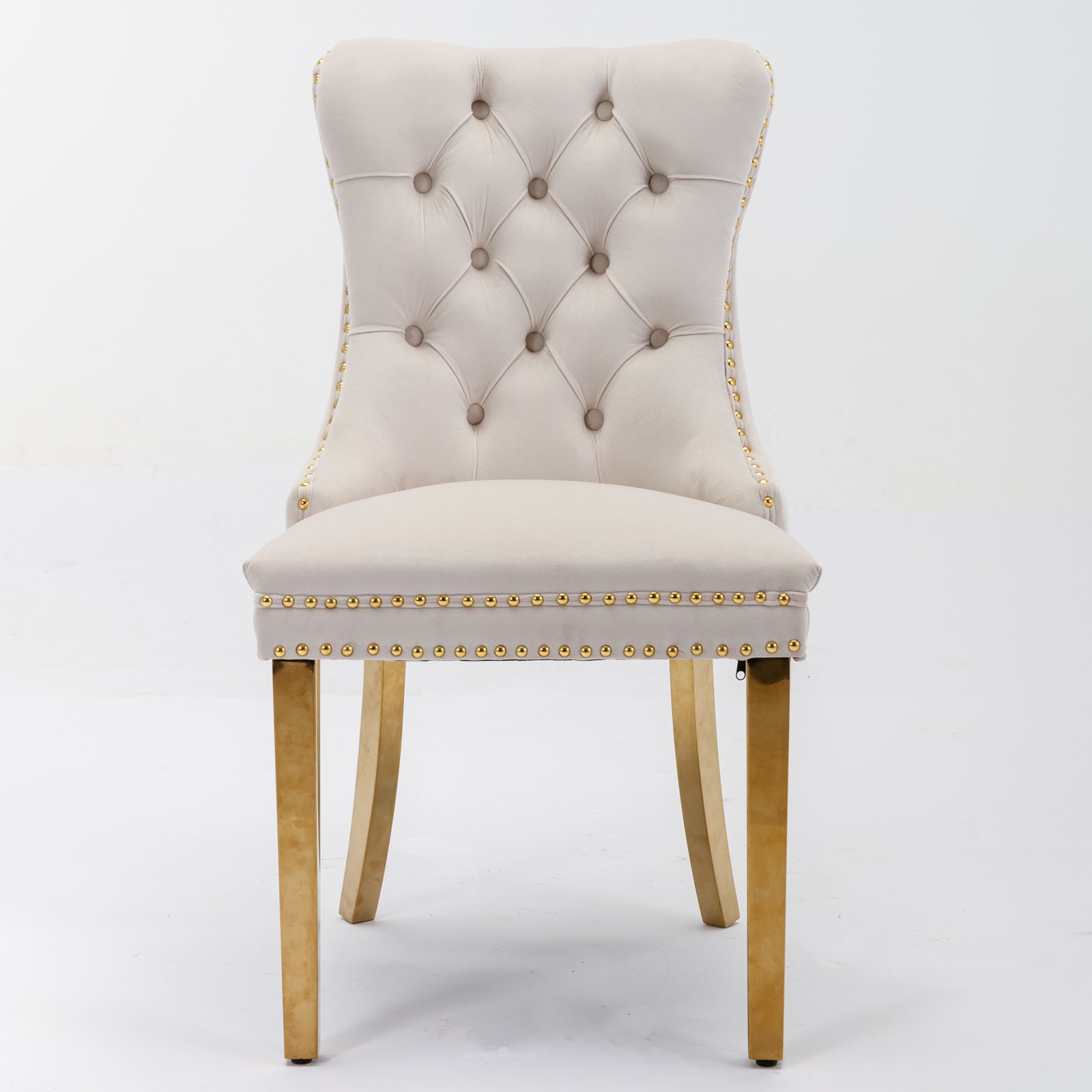 A&A Furniture,Nikki Collection Modern, High-end Tufted Solid Wood Contemporary Velvet Upholstered Dining Chair with Golden Stainless Steel Plating Legs,Nailhead Trim,Set of 2,Beige and Gold, SW1601BG - Grand Goldman Shop