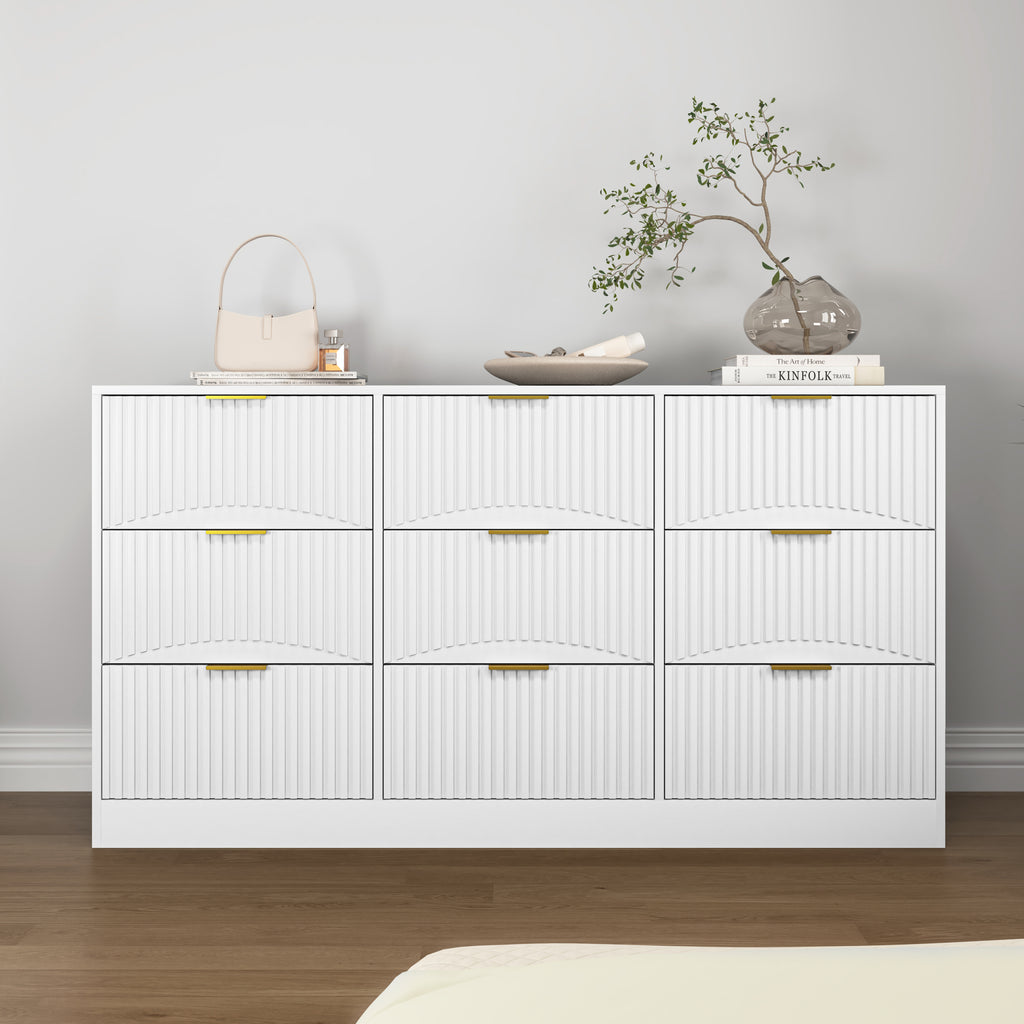 White 9 Drawer Dresser, 63' Large Deep Chest of Drawers, Wooden Dresser Storage Cabinet with 9 Drawers for Bedroom, Long Dressers for Living Room, Hallway, Drawer panel with wavy patterns - Grand Goldman Shop