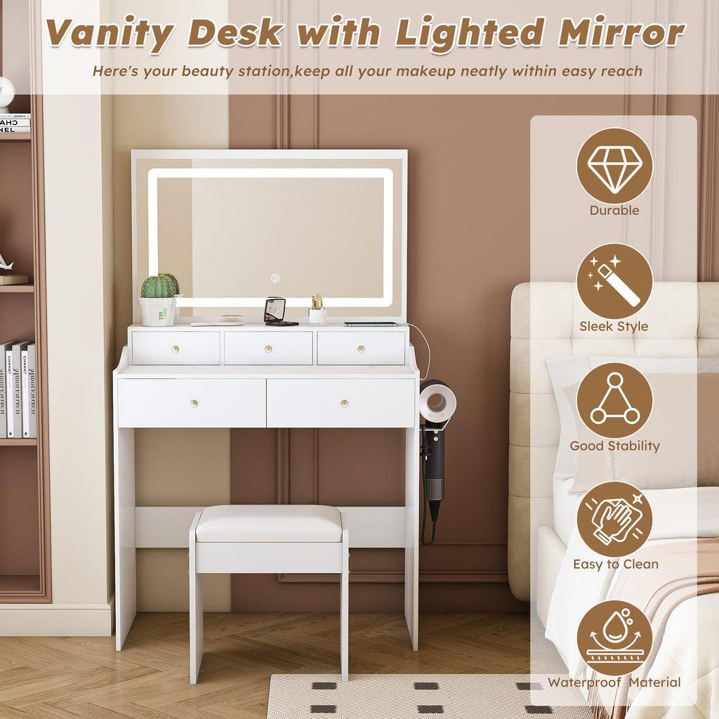Modern White Vanity Desk with Large Mirror, Power Outlet & Hair Dryer Holder, Adjustable Lighting, 5 Drawers - Grand Goldman Shop