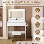 Modern White Vanity Desk with Large Mirror, Power Outlet & Hair Dryer Holder, Adjustable Lighting, 5 Drawers - Grand Goldman Shop