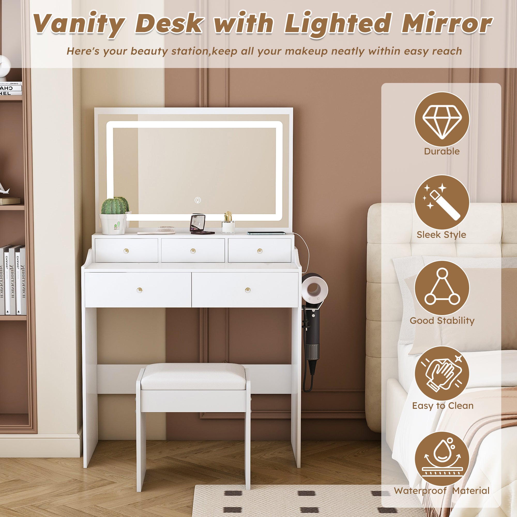 Modern White Vanity Desk with Large Mirror, Power Outlet & Hair Dryer Holder, Adjustable Lighting, 5 Drawers - Grand Goldman Shop