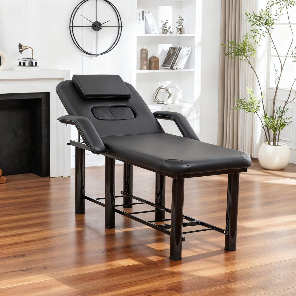 Professional Black Beauty Bed with Removable Headrest & Breast Cushions, Armrests and Storage Shelf for Massage, Facial, Tatt