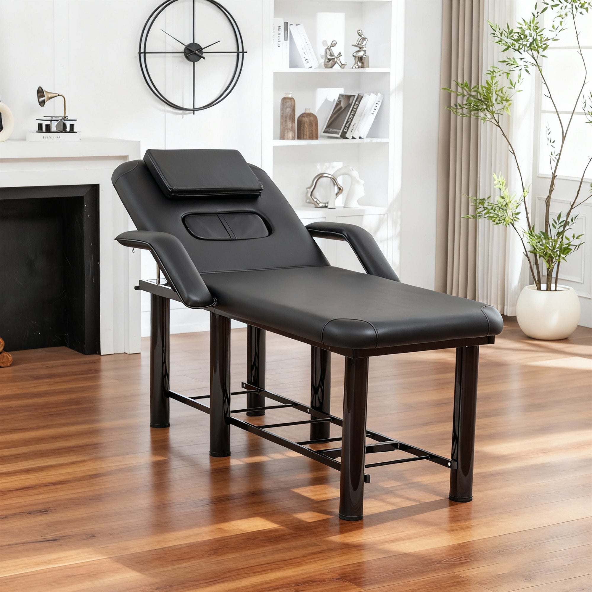 Professional Black Beauty Bed with Removable Headrest & Breast Cushions, Armrests and Storage Shelf for Massage, Facial, Tatt