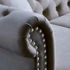Grey Velvet 3-Seater Chesterfield Sofa with Rolled Arms and Nailhead Trim, Tufted Couch for Living Room, Bedroom, Office, Apartment, Includes Two Pillows - Grand Goldman Shop
