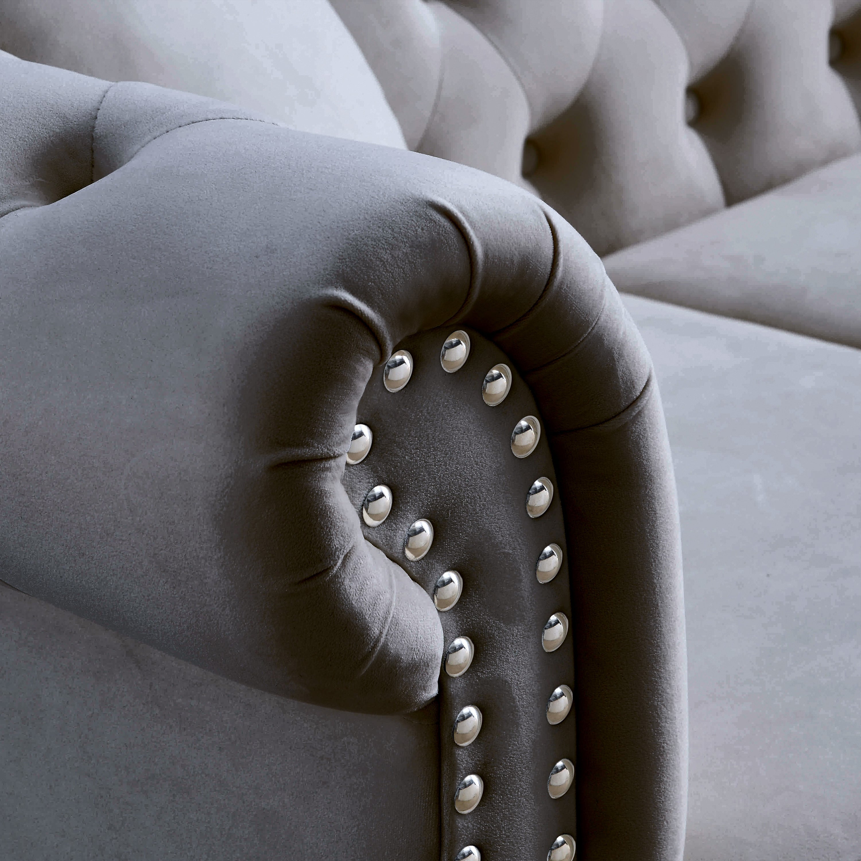 Grey Velvet 3-Seater Chesterfield Sofa with Rolled Arms and Nailhead Trim, Tufted Couch for Living Room, Bedroom, Office, Apartment, Includes Two Pillows - Grand Goldman Shop