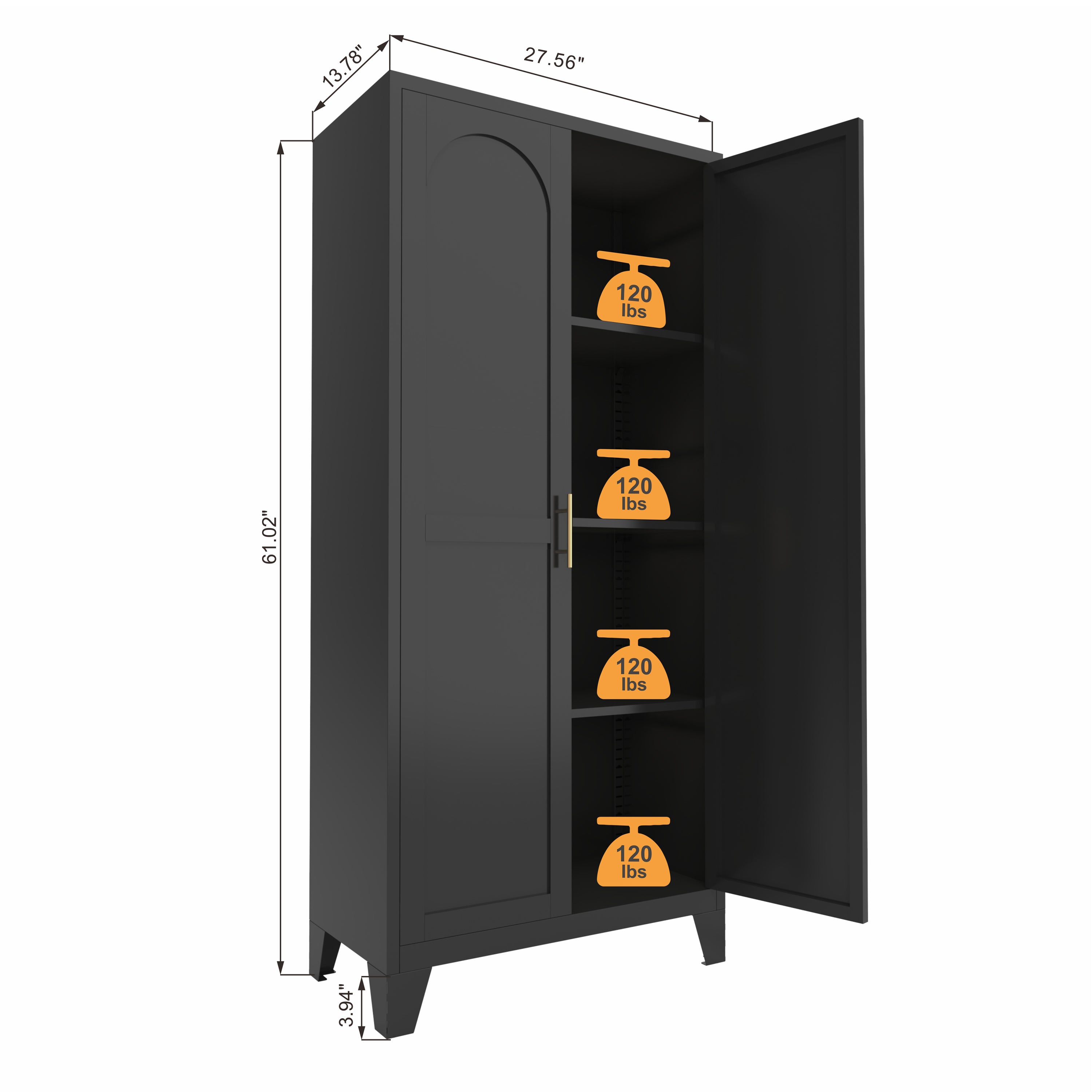 61'' 2 Shapely Doors Cabinet, Metal Storage Cabinet with Doors and Adjustable Shelves, for Bedroom, Living Room(Black) - Grand Goldman Shop