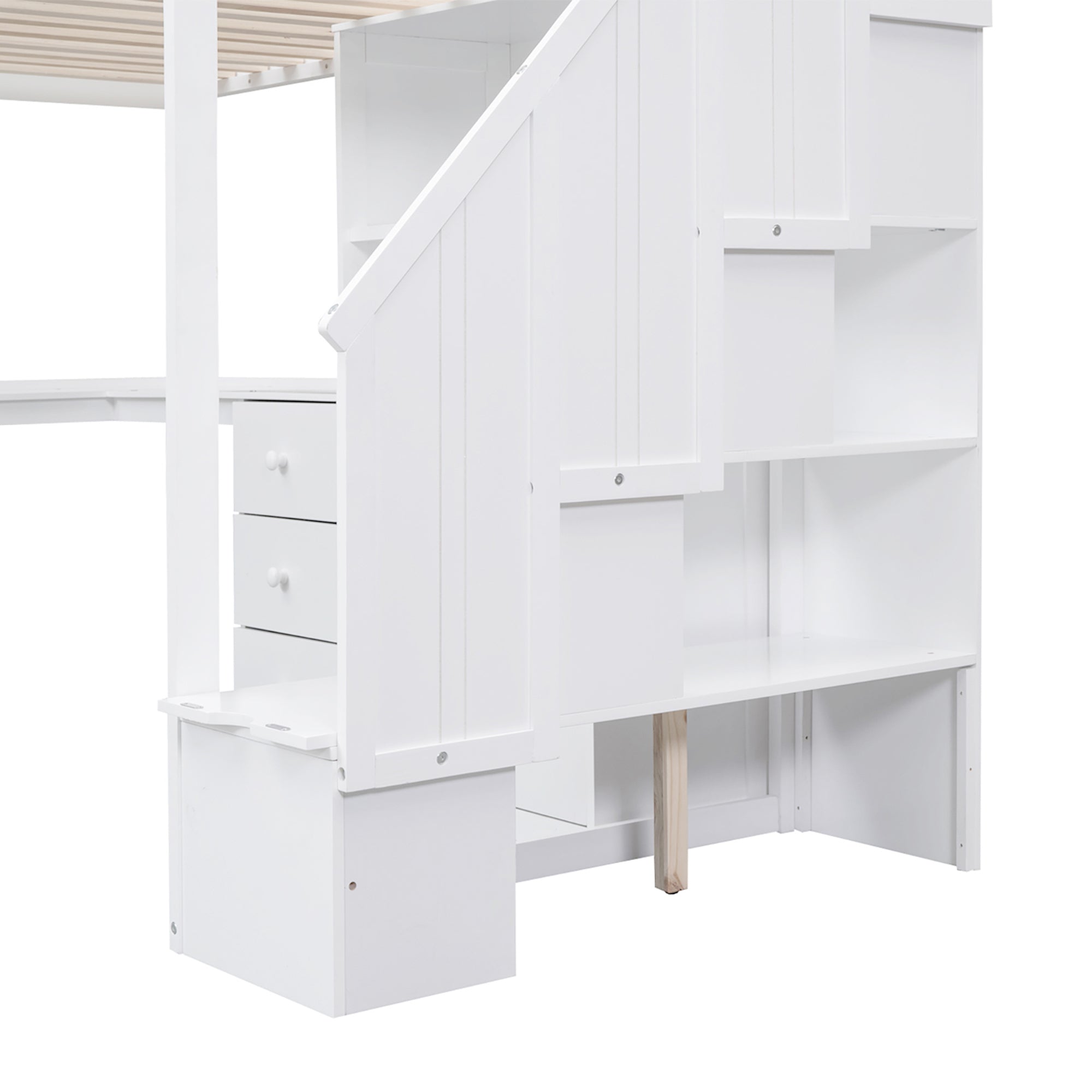 White Twin Size Loft Bed with L-Shaped Desk, Drawers, Cabinet, and Storage Staircase - Pine Wood & MDF - Grand Goldman Shop