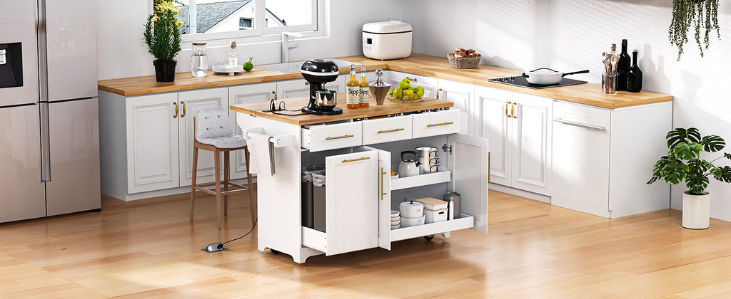 K&K 59.3' Kitchen Island with Storage 2 Pull Out Cabinet Organizers & Rubber Wood Drop Leaf, Rolling Kitchen Island with Trash Can Storage, Power Outlet, Spice & Towel Rack for Kitchen, Dining, White - Grand Goldman Shop
