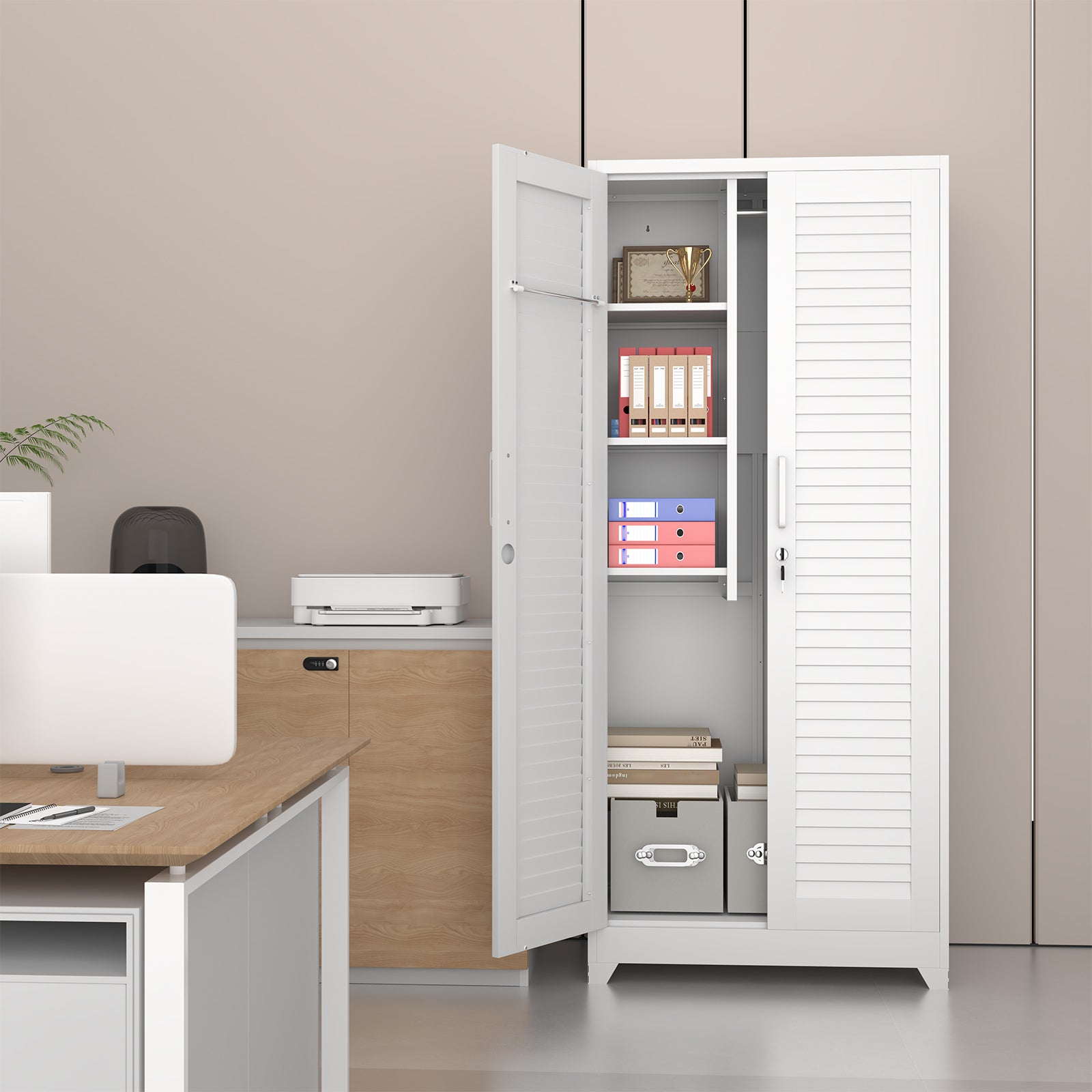 Metal Broom Closet, Garage Storage Cabinet, Tool Chest Bathroom Cabinet with Locking Doors and Wheels, Tall Utility Cabinet w