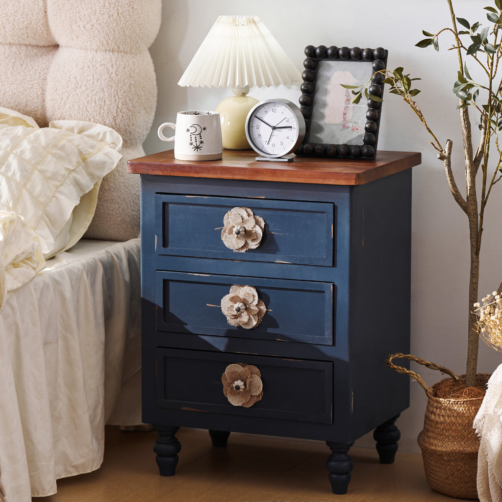 Vintage Farmhouse End Table with Floral Knobs – 19' Rustic Nightstand with 3 Drawers & Gourd Legs,Bedside or Sofa Accent Table, Almost Fully Assembled, Blue - Grand Goldman Shop