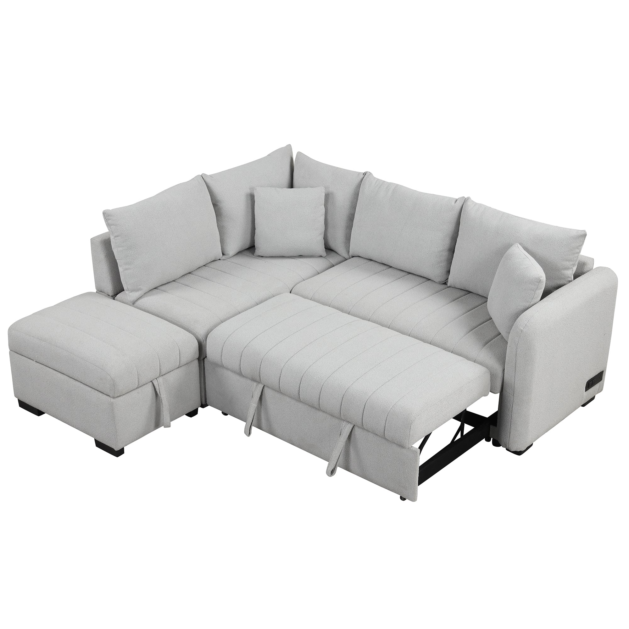Modern L-shaped Sectional Pull Out Sofa Bed with USB Ports & Storage Ottoman, Gray Jacquard Fabric, 82.6' - Grand Goldman Shop