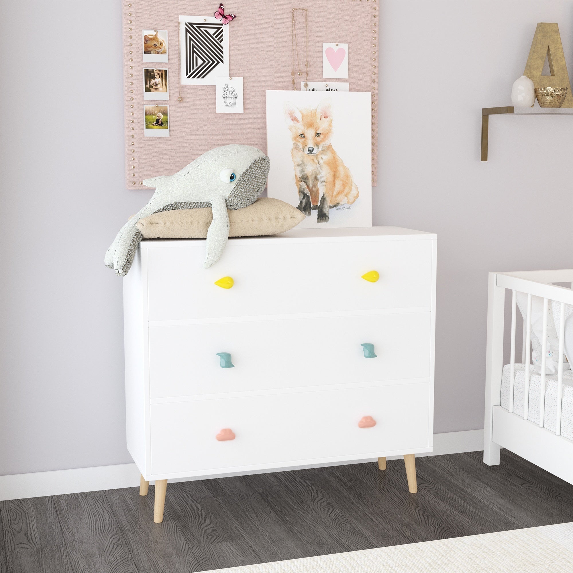 Kids 3 Drawer Dresser, White Nursery Storage Cabinet with Anti-Tip Safety Feature, Solid Wood and MDF Construction, Compact D
